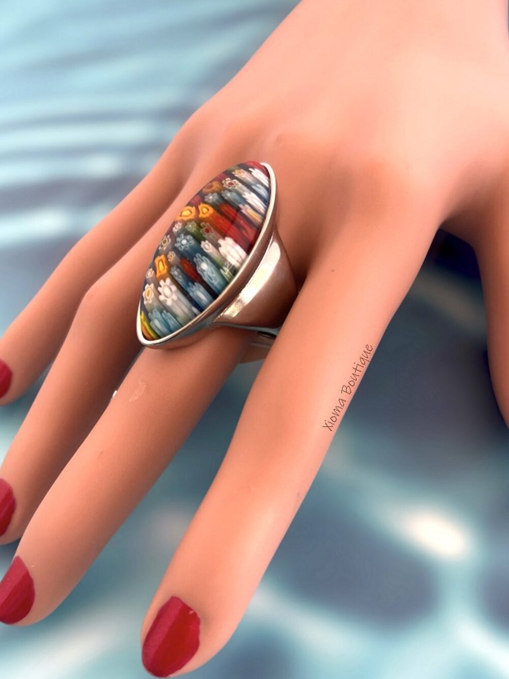Millefiori Glass Ring Multicolor Oval Ring Stainless Steel Silver